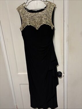Alex Evenings Black Midi Dress with Gold Embroidered Yoke